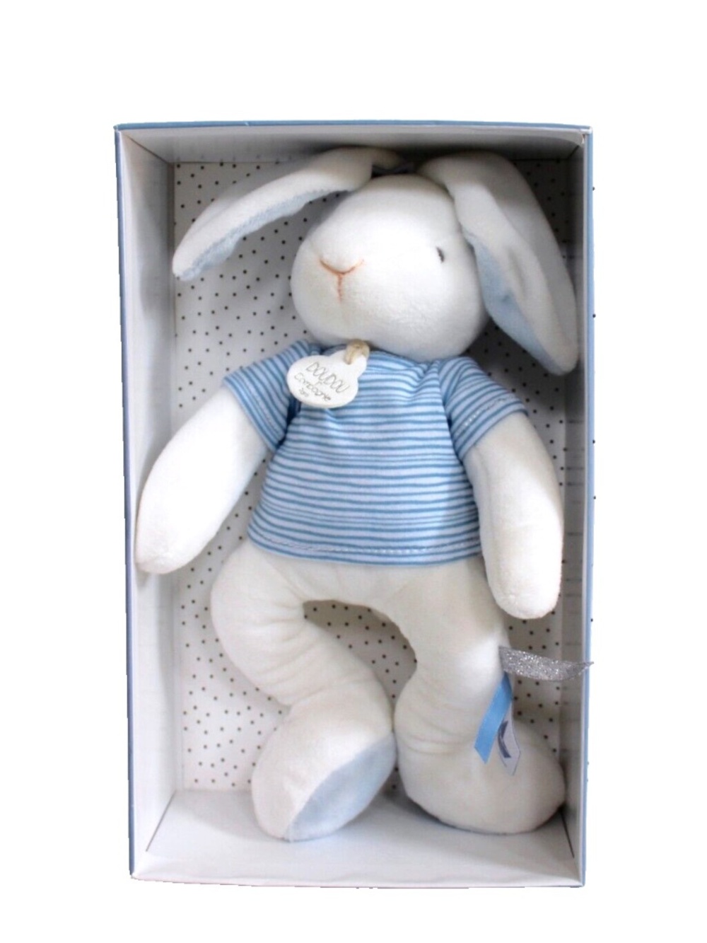 DouDou et Compagnie Paris White Puppet Bunny Rabbit Plush 10" Blue Shirt Lovey